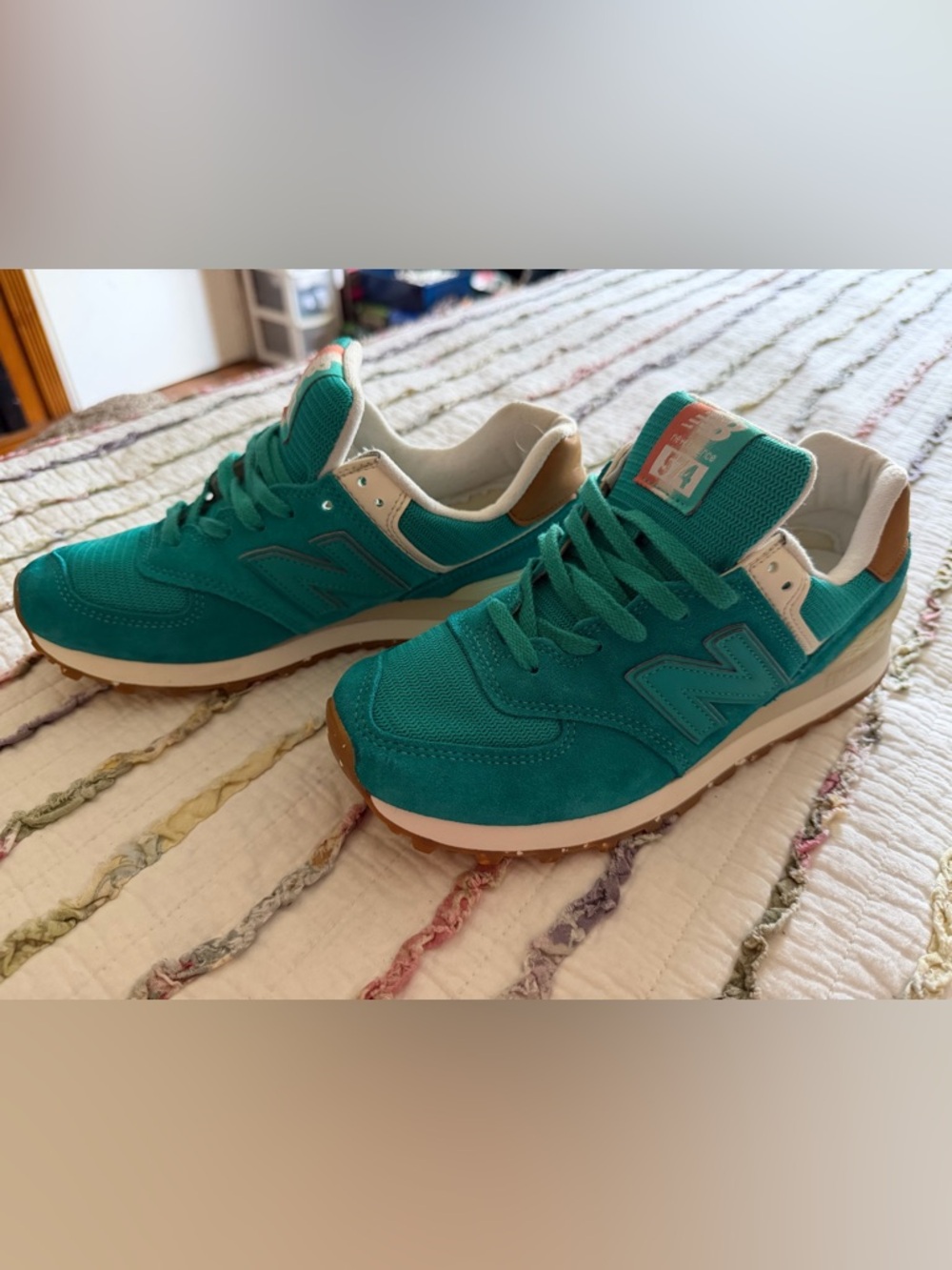 New Balance Teal and Tan Retro Running Sneakers